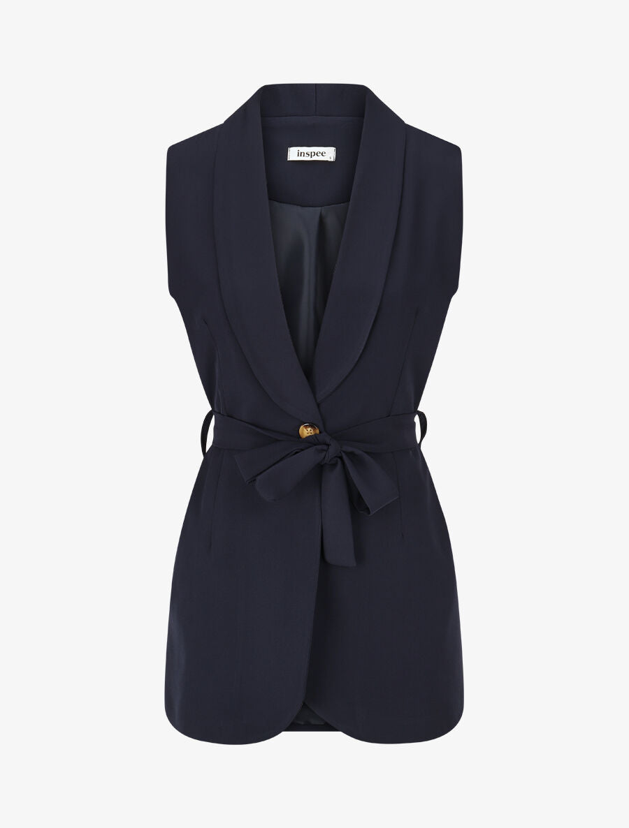Blazer long uni sans manches - Marine - 1