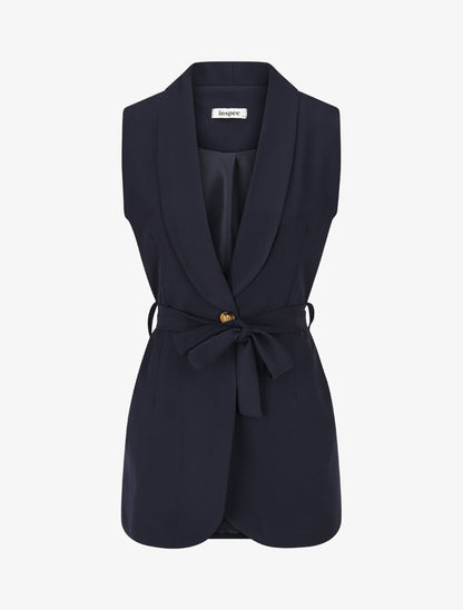 Blazer long uni sans manches - Marine - 1