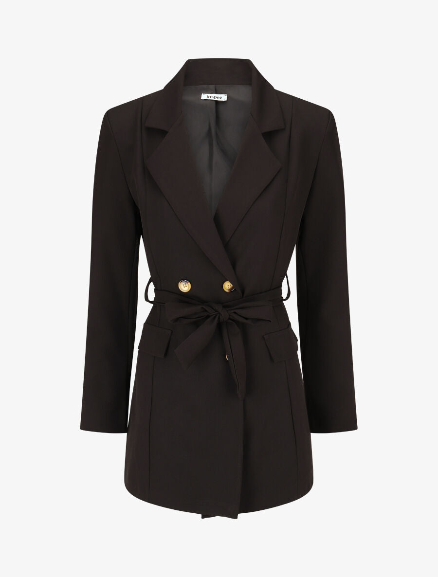 Blazer long uni ceinturé - Noir - 4