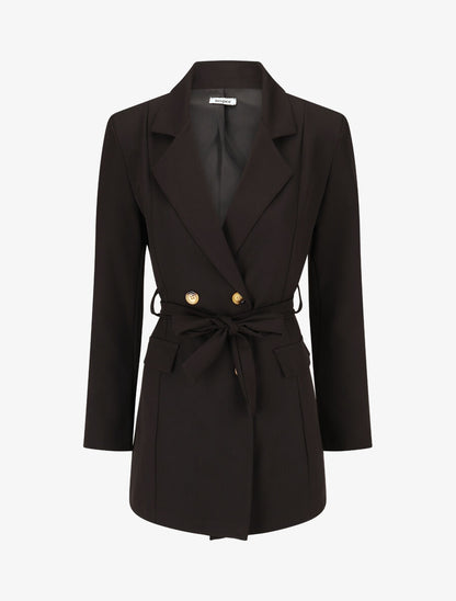 Blazer long uni ceinturé - Noir - 4
