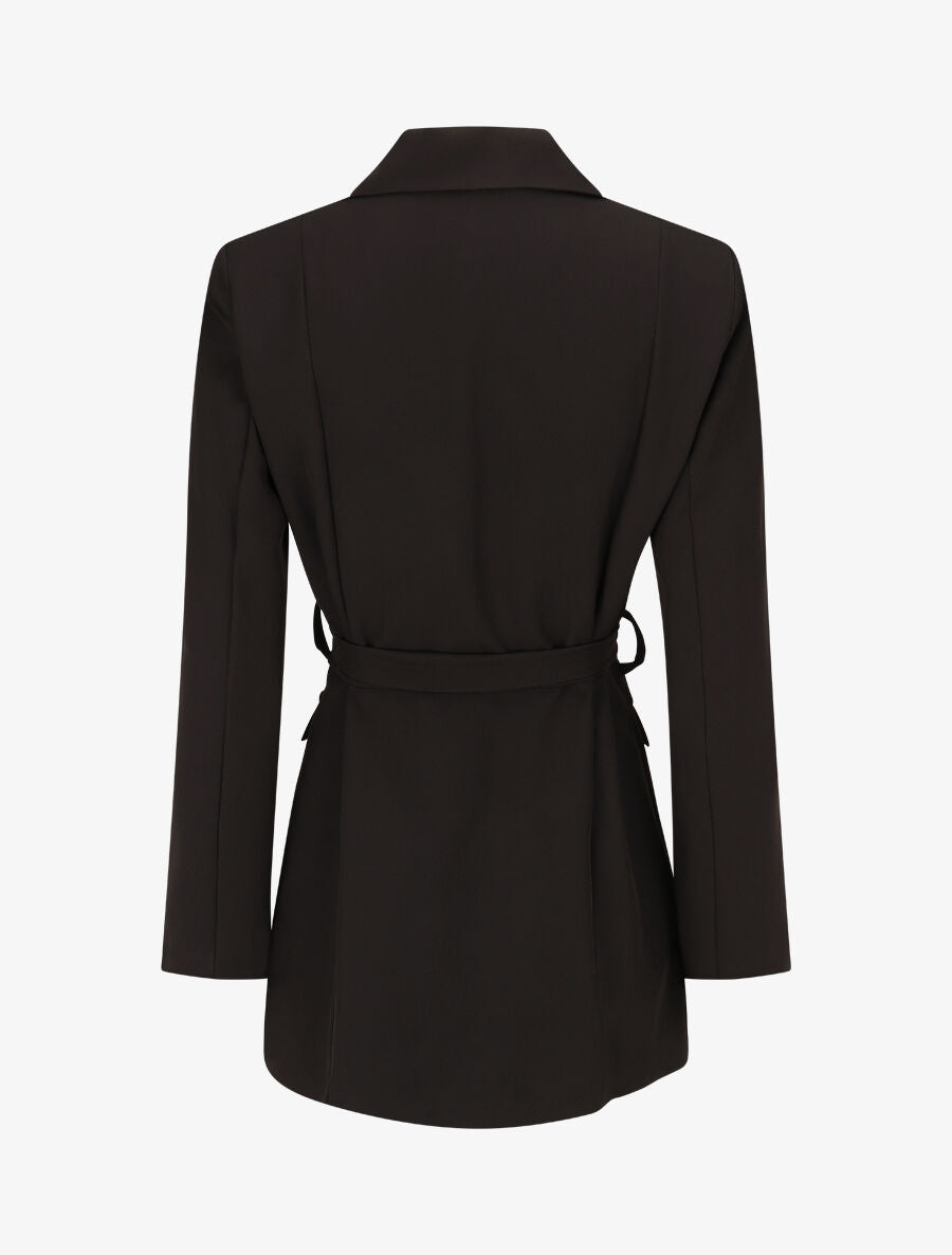 Blazer long uni ceinturé - Noir - 2