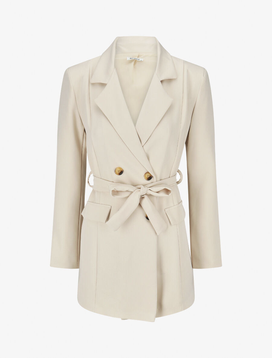 Blazer long uni ceinturé - Beige - 1
