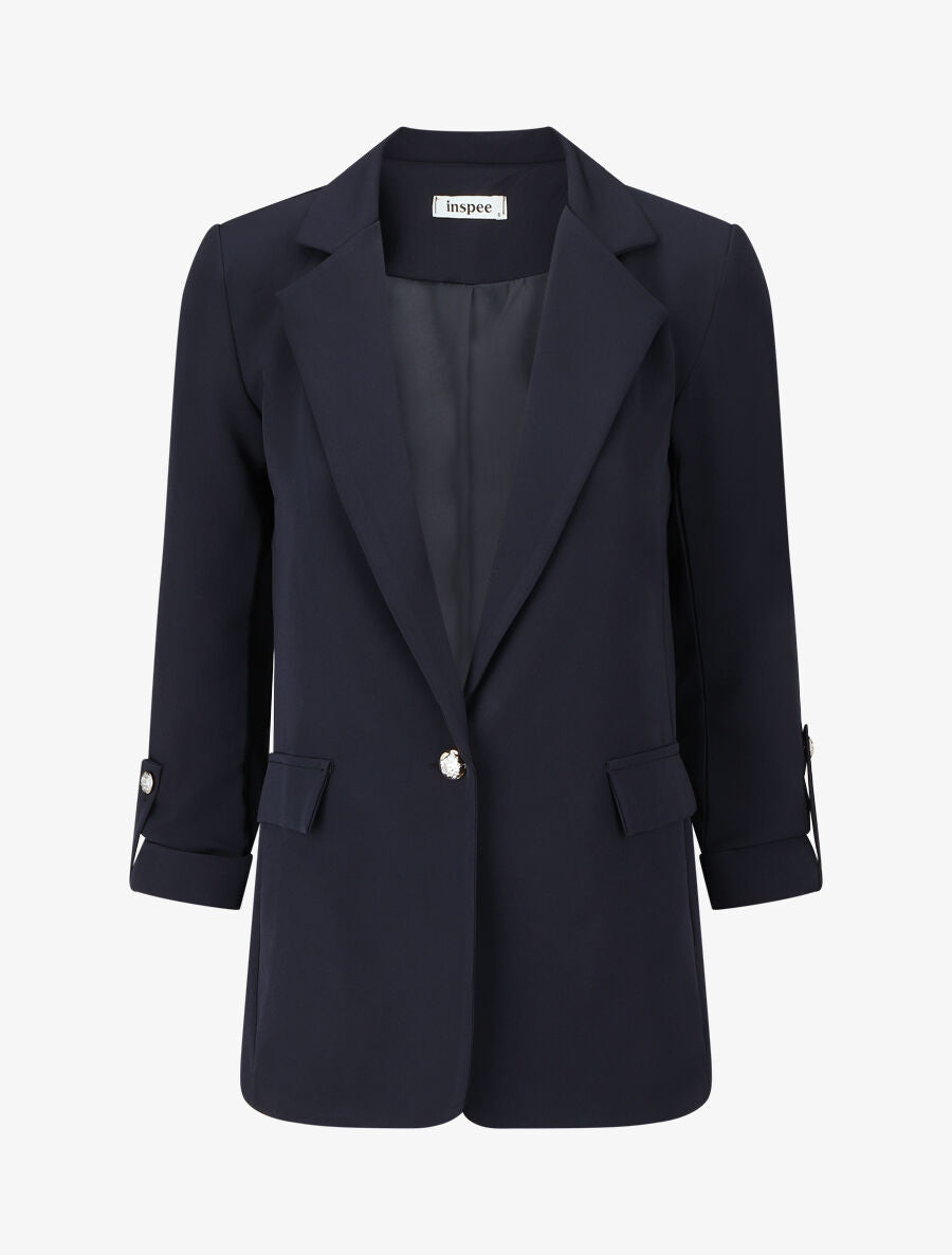 Blazer mi-long uni boutonné - Marine - 1
