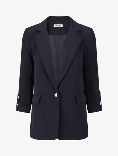 Blazer mi-long uni boutonné - Marine - 1