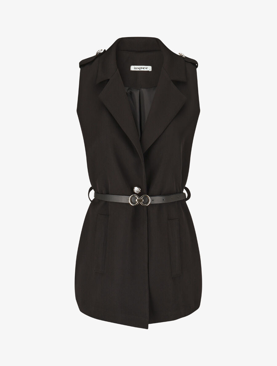 Blazer long uni à boutons métallisés aux épaules - Noir - 1
