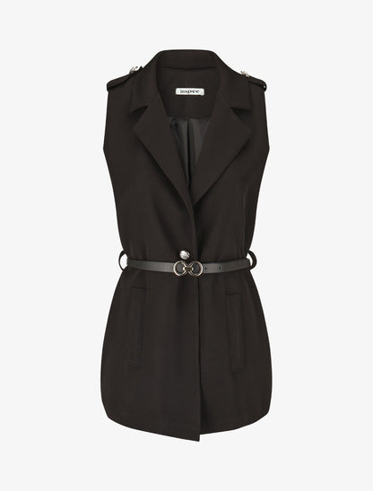 Blazer long uni à boutons métallisés aux épaules - Noir - 1
