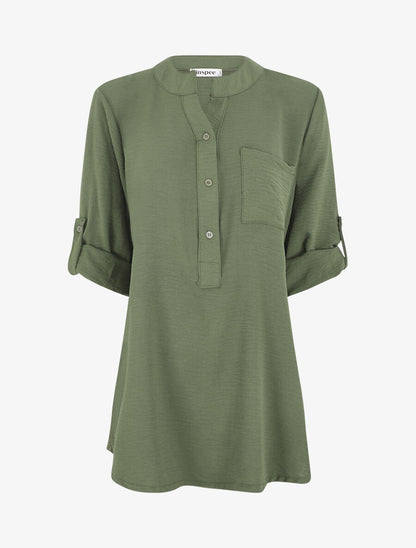 Blouse unie à manches retroussables - Kaki - 1
