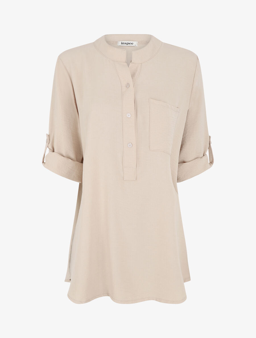 Blouse unie à manches retroussables - Beige - 4