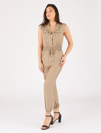 Combinaison uni élastiquée sans manches - Taupe - 4