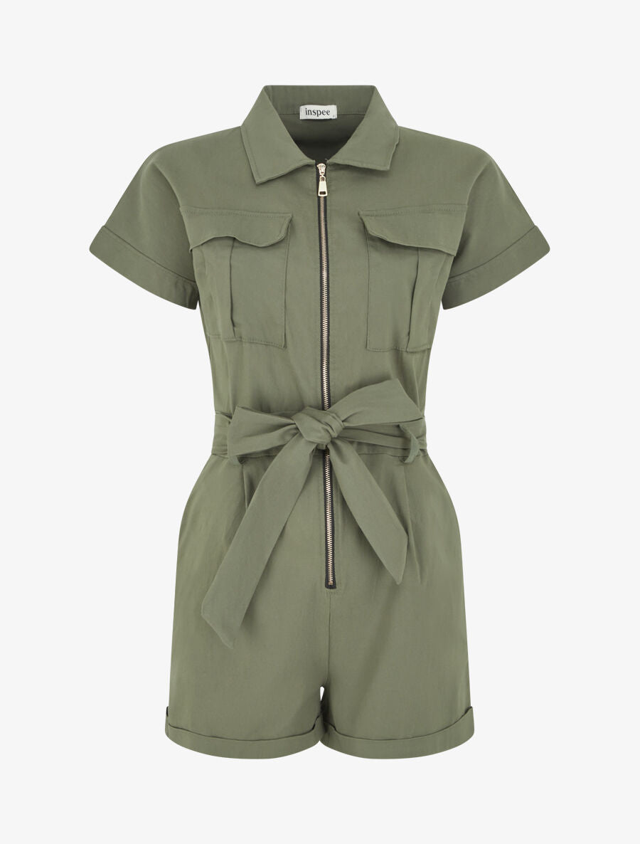 Combishort uni ceinturé et zippé - Kaki - 5