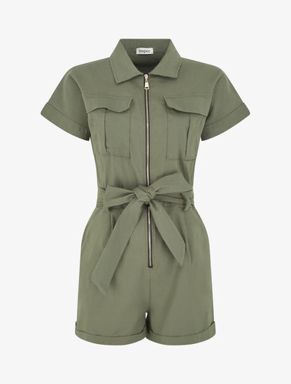 Combishort uni ceinturé et zippé - Kaki - 5