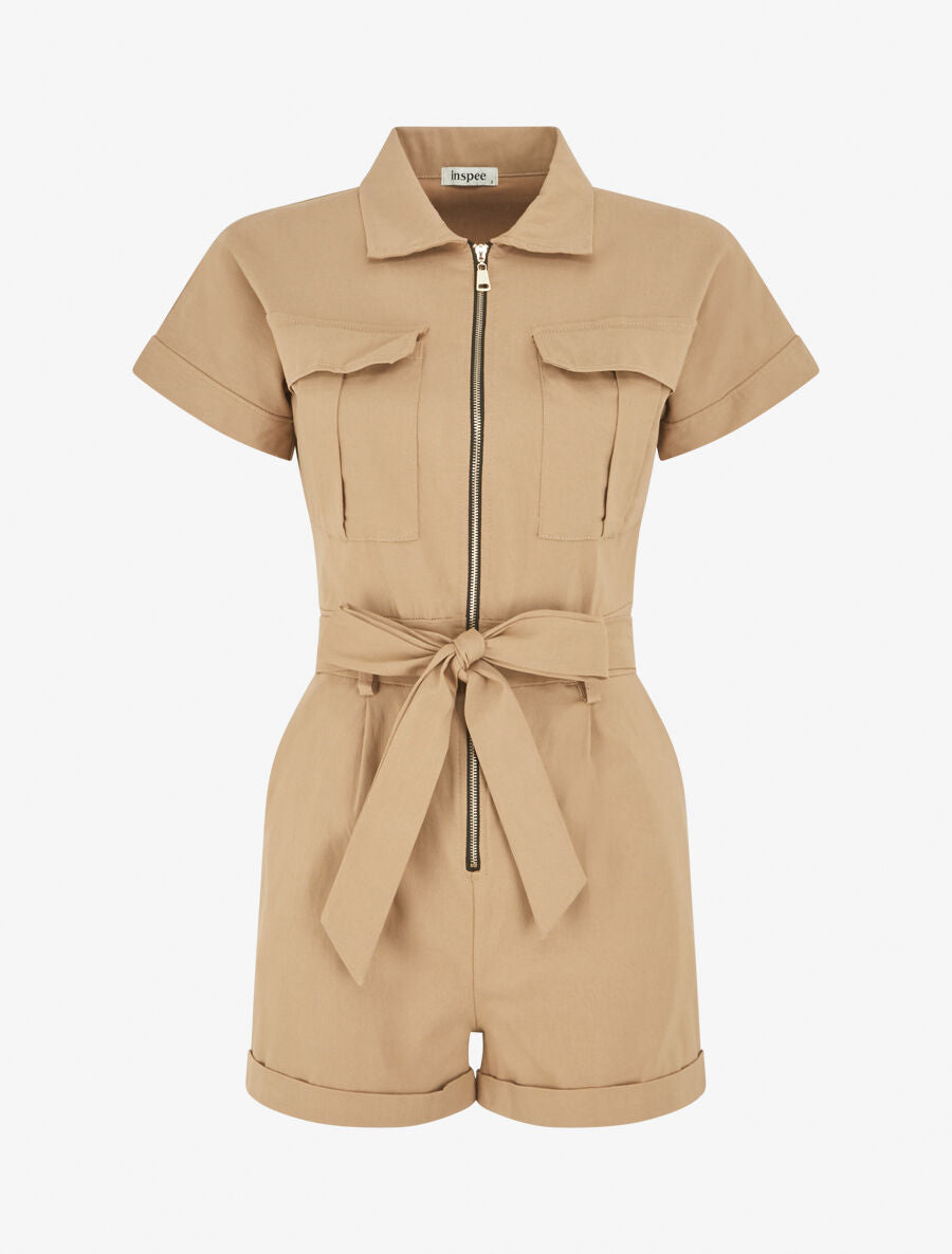 Combishort uni ceinturé et zippé - Camel - 5