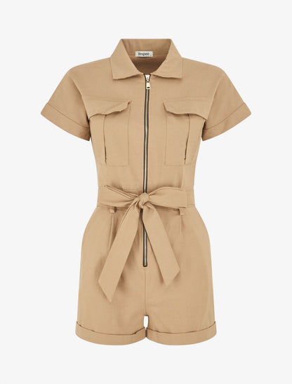 Combishort uni ceinturé et zippé - Camel - 5