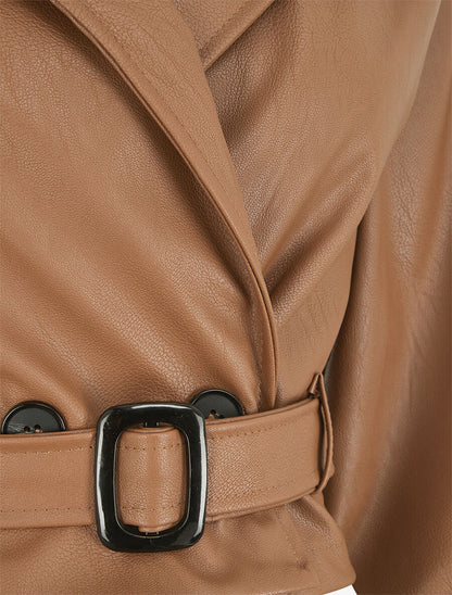 Veste courte en simili ceinturée - Camel - 3