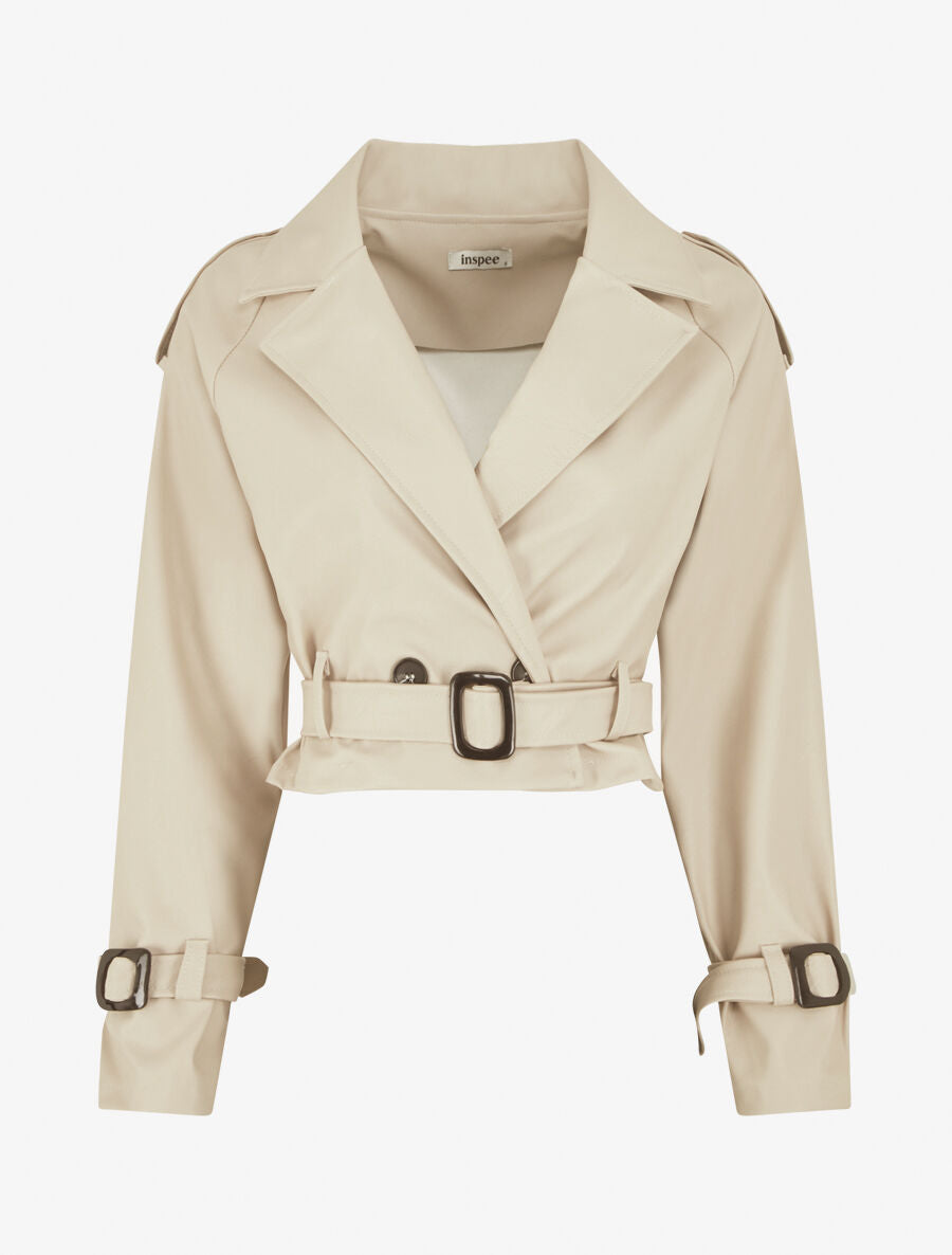 Veste courte en simili ceinturée - Beige - 1