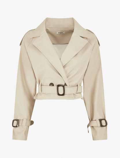 Veste courte en simili ceinturée - Beige - 1