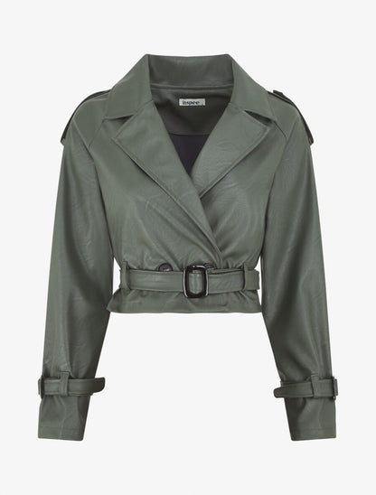 Veste courte en simili ceinturée - Kaki - 1