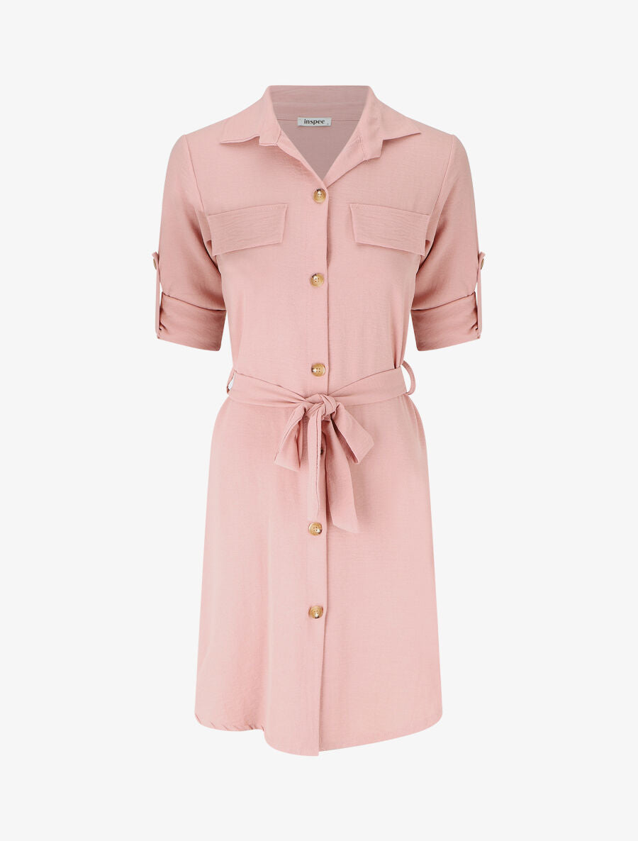 Robe chemise à manches retroussables - Rose - 1
