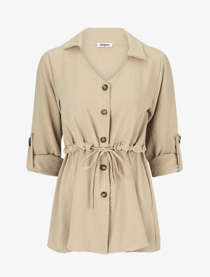 Blouse unie à manches retroussables - Beige - 4