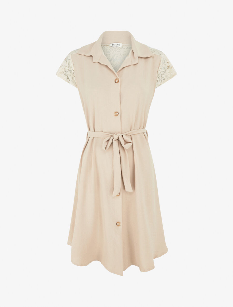 Robe mi-longue unie à empiècement dentelle - Beige - 1