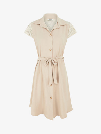 Robe mi-longue unie à empiècement dentelle - Beige - 1