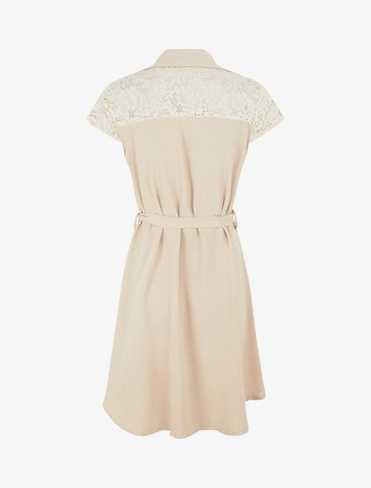Robe mi-longue unie à empiècement dentelle - Beige - 2