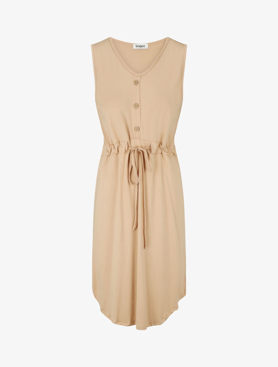 Robe mi-longue sans manches élastiquée - Beige - 1