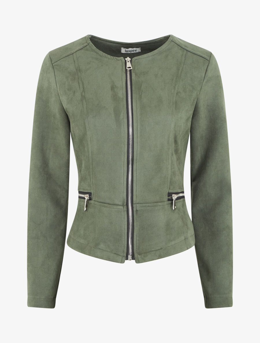 Veste en suédine à zips décoratifs - Kaki - 1