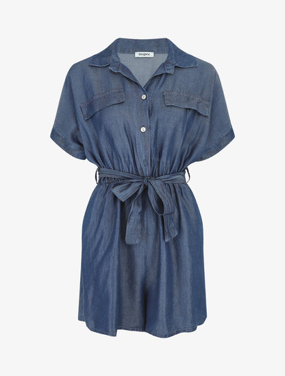 Combishort style chemise manches courtes - Bleu denim - 1