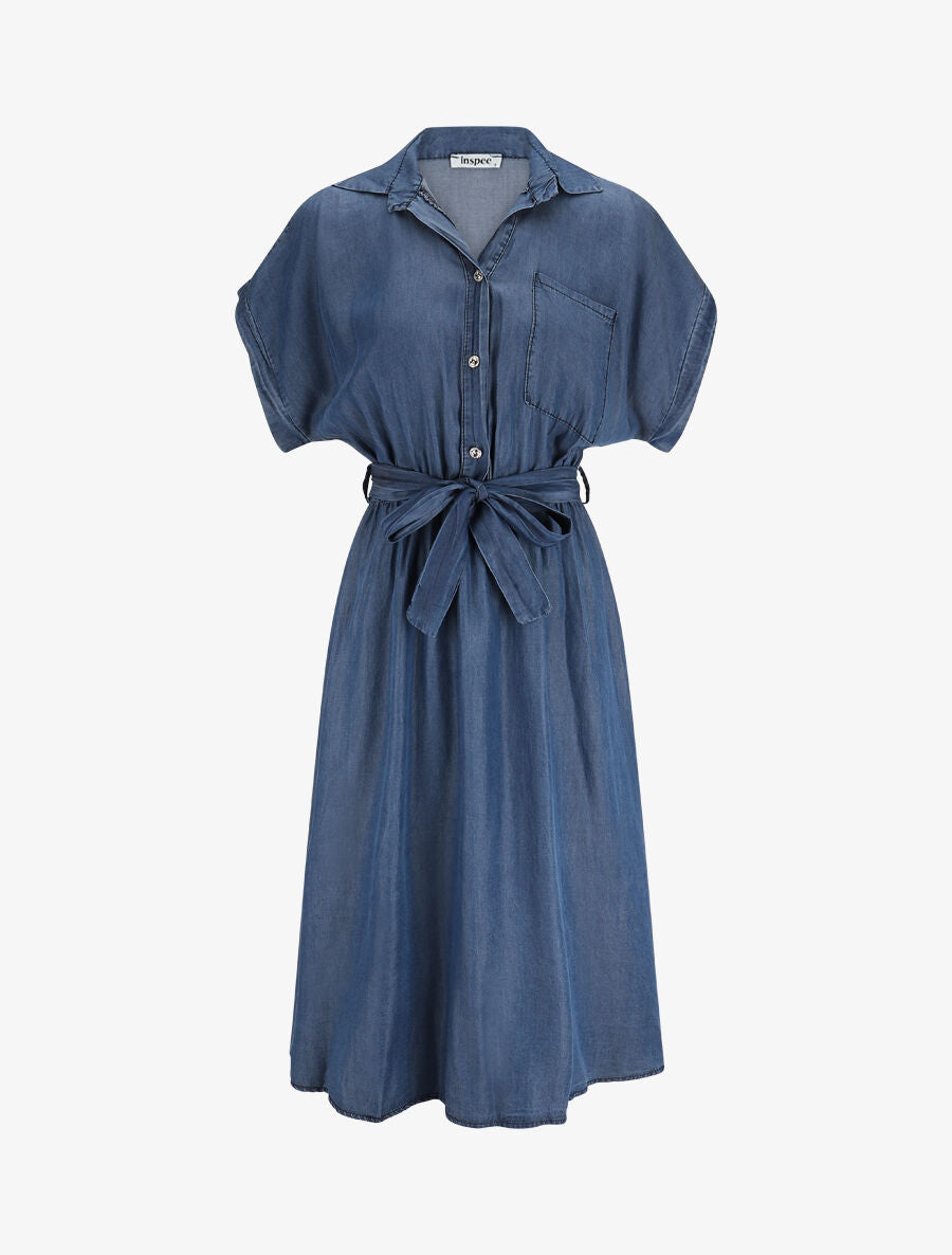Robe longue évasée manches courtes - Bleu denim - 4