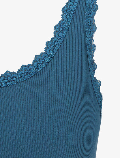 Débardeur côtelé à dentelle - Bleu canard - 3