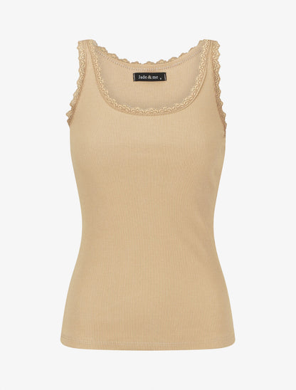 Débardeur côtelé à dentelle - Beige - 1