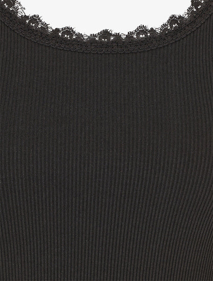 Débardeur côtelé à dentelle - Noir - 3