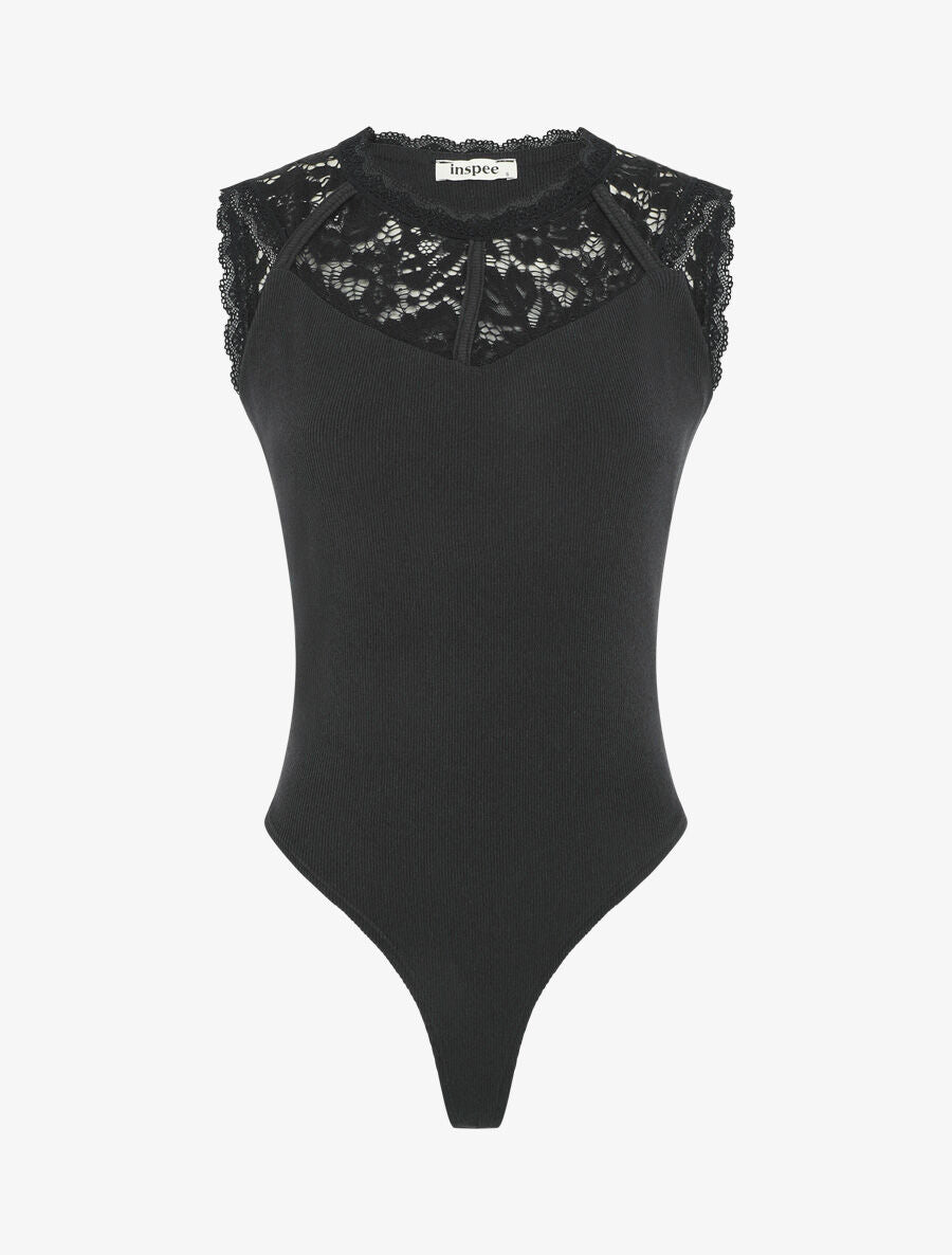 Body côtelé sans manches à dentelle - Noir - 4