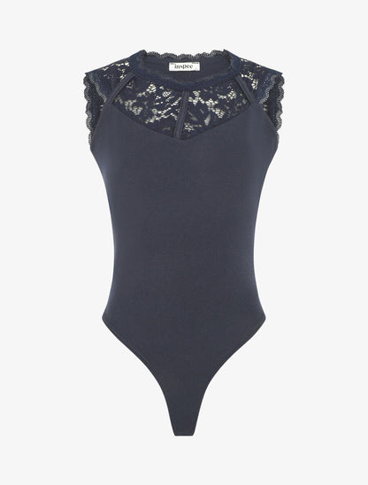 Body côtelé sans manches à dentelle - Marine - 1