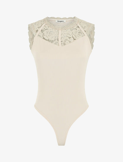 Body côtelé sans manches à dentelle - Beige - 4