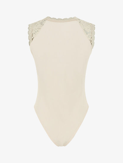 Body côtelé sans manches à dentelle - Beige - 2