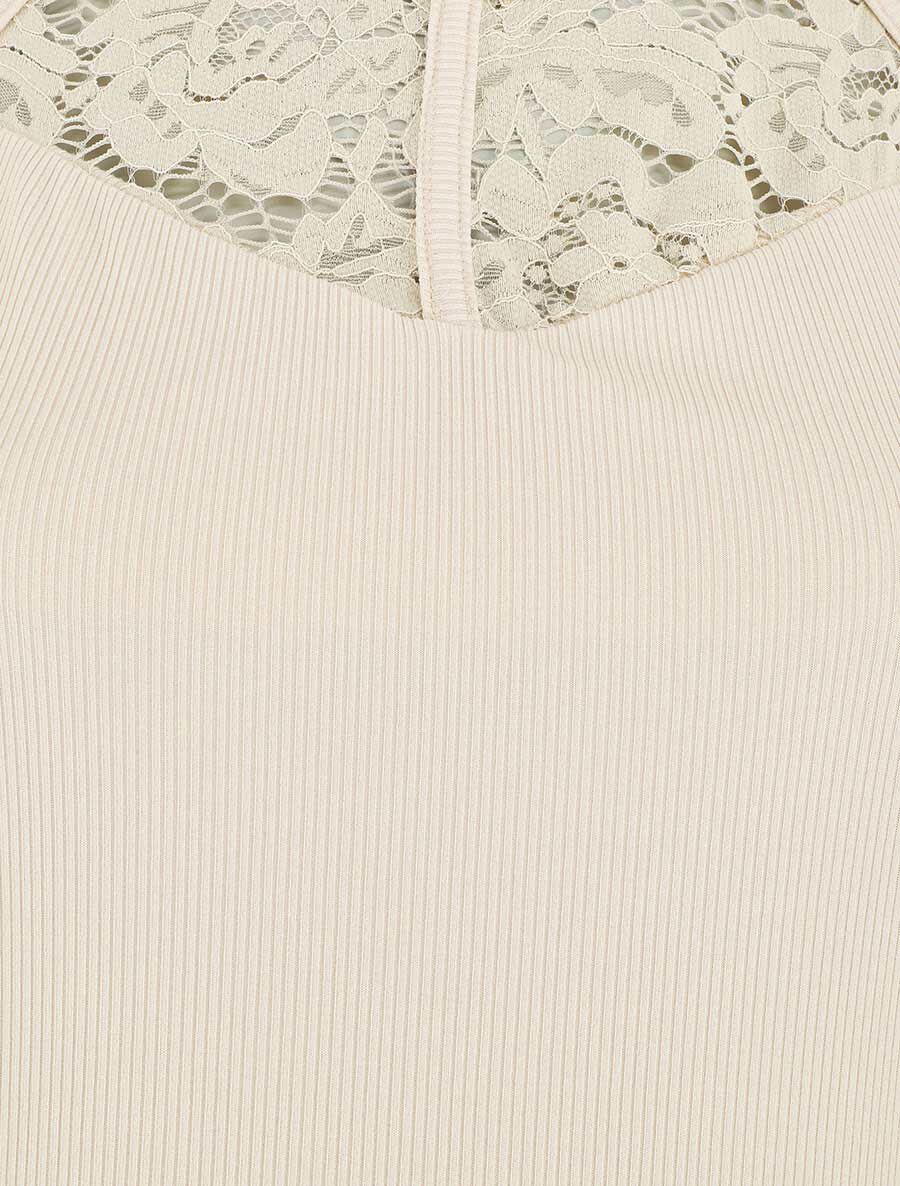 Body côtelé sans manches à dentelle - Beige - 3
