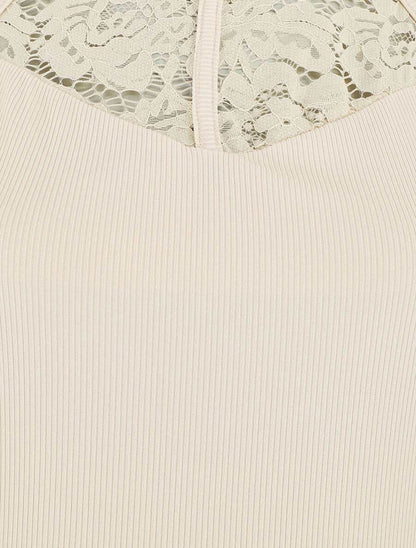 Body côtelé sans manches à dentelle - Beige - 3