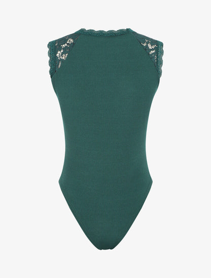 Body côtelé sans manches à dentelle - Vert sapin - 2
