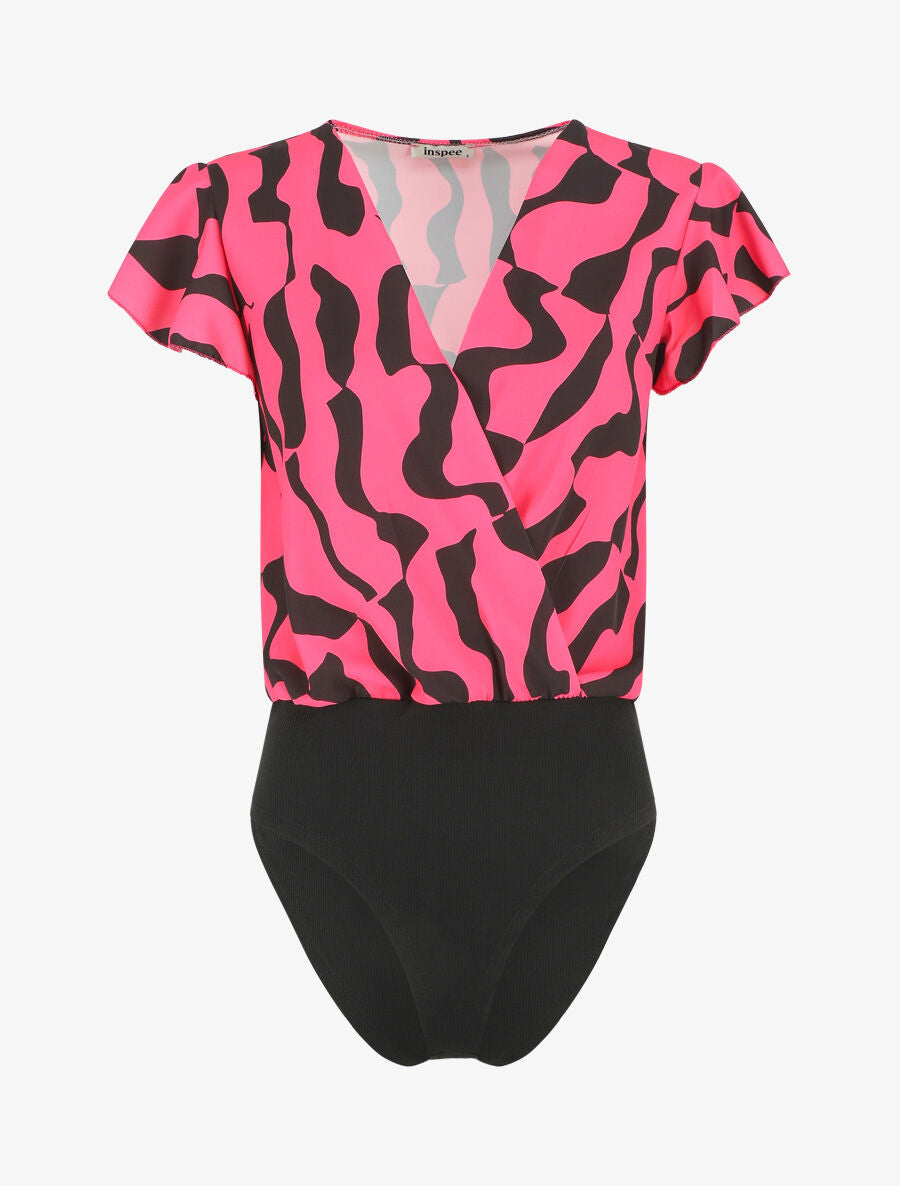 Body manches courtes imprimé graphique - Fuchsia - 1