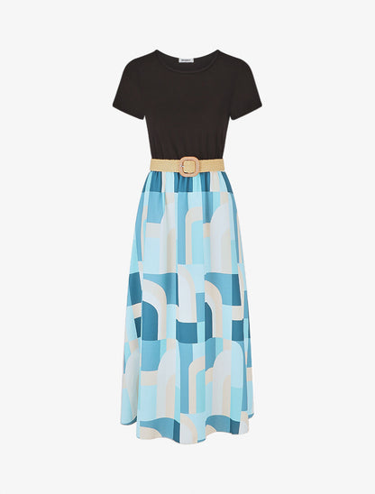 Robe bicolore imprimé graphique - Bleu - 4