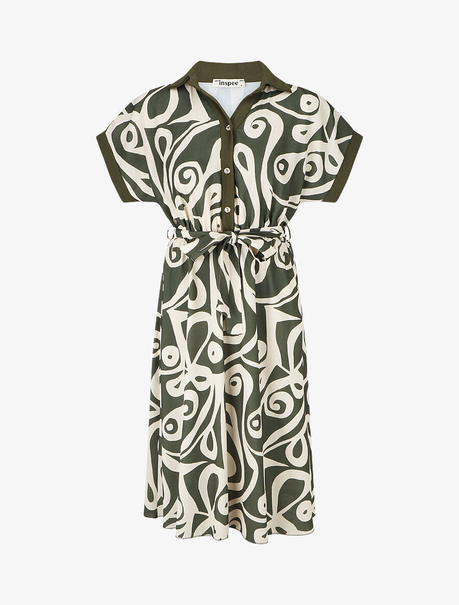 Robe chemise motif graphique manches courtes - Kaki - 1