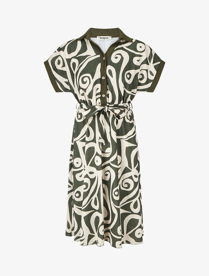 Robe chemise motif graphique manches courtes - Kaki - 1