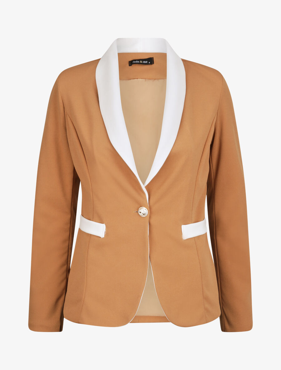 Blazer slim à col et poches contrastants - Camel - 1