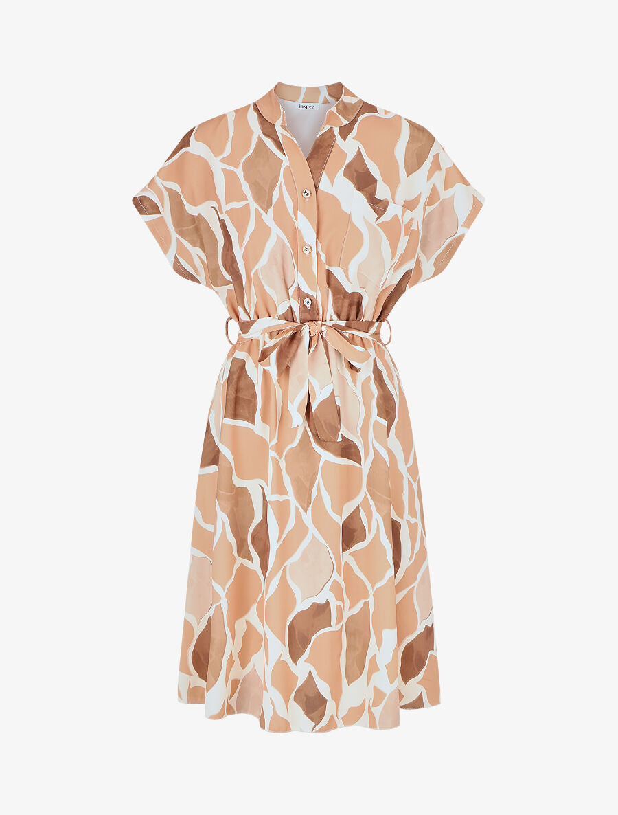Robe longue élastiquée imprimé abstrait - Camel - 4