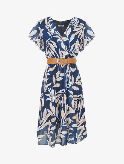 Robe longue élastiquée imprimé feuilles - Marine - 1