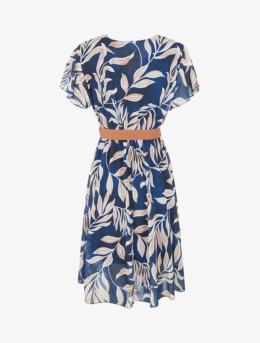 Robe longue élastiquée imprimé feuilles - Marine - 2