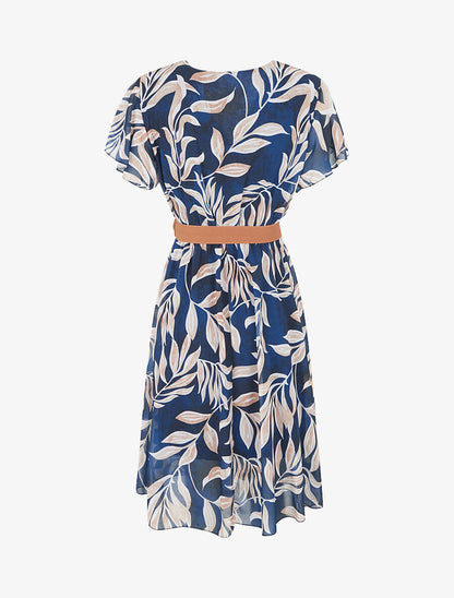 Robe longue élastiquée imprimé feuilles - Marine - 2