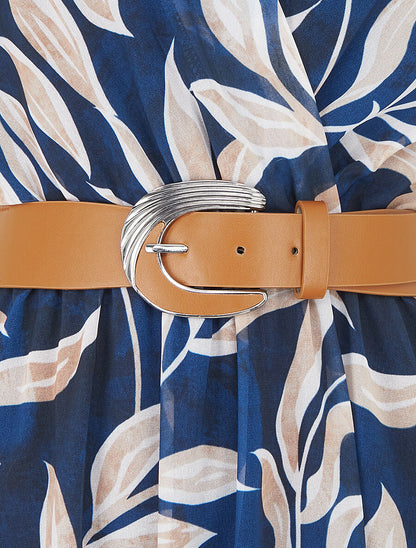 Robe longue élastiquée imprimé feuilles - Marine - 3